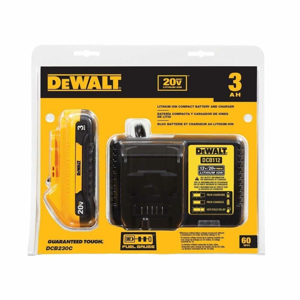 The DEWALT battery and charger starter kit shown in its retail blister pack packaging.