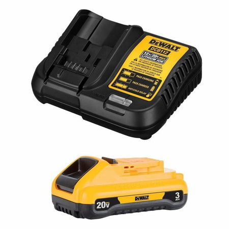 The DEWALT 20V MAX 3.0Ah compact battery and the accompanying charger shown separately against a white background.