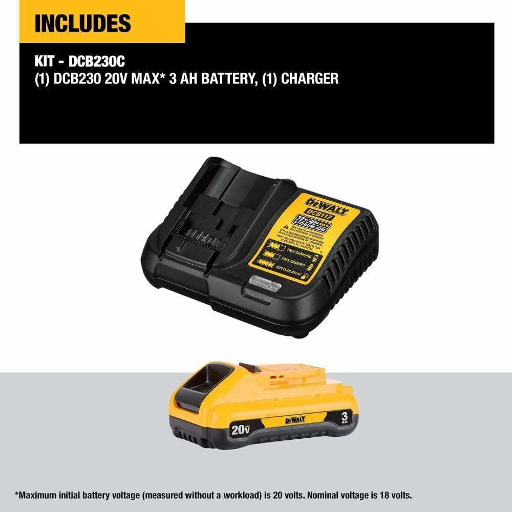 DEWALT battery and charger starter kit with text overlay that reads "Includes Kit - DCB230C. (1) DCB230 20V MAX* 3 AH BATTERY, (1) CHARGER".