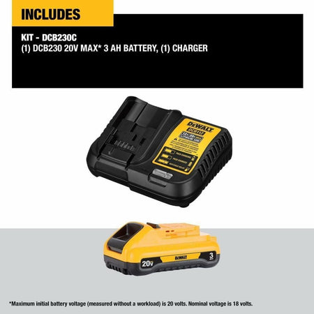 DEWALT battery and charger starter kit with text overlay that reads "Includes Kit - DCB230C. (1) DCB230 20V MAX* 3 AH BATTERY, (1) CHARGER".