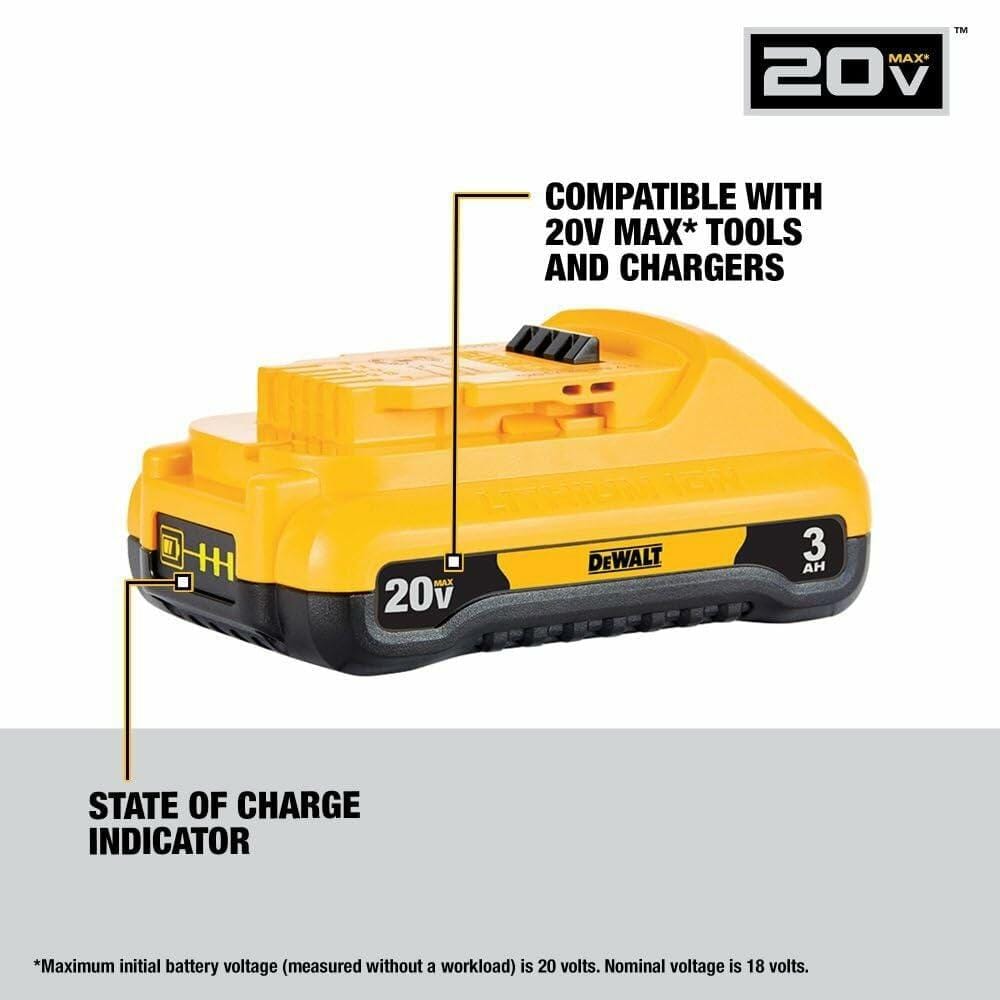 The DEWALT 20V MAX 3.0Ah battery with callout lines pointing to its features: compatibility with 20V MAX tools and chargers, and the state of charge indicator button.