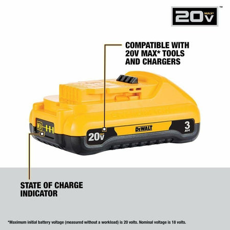 The DEWALT 20V MAX 3.0Ah battery with callout lines pointing to its features: compatibility with 20V MAX tools and chargers, and the state of charge indicator button.