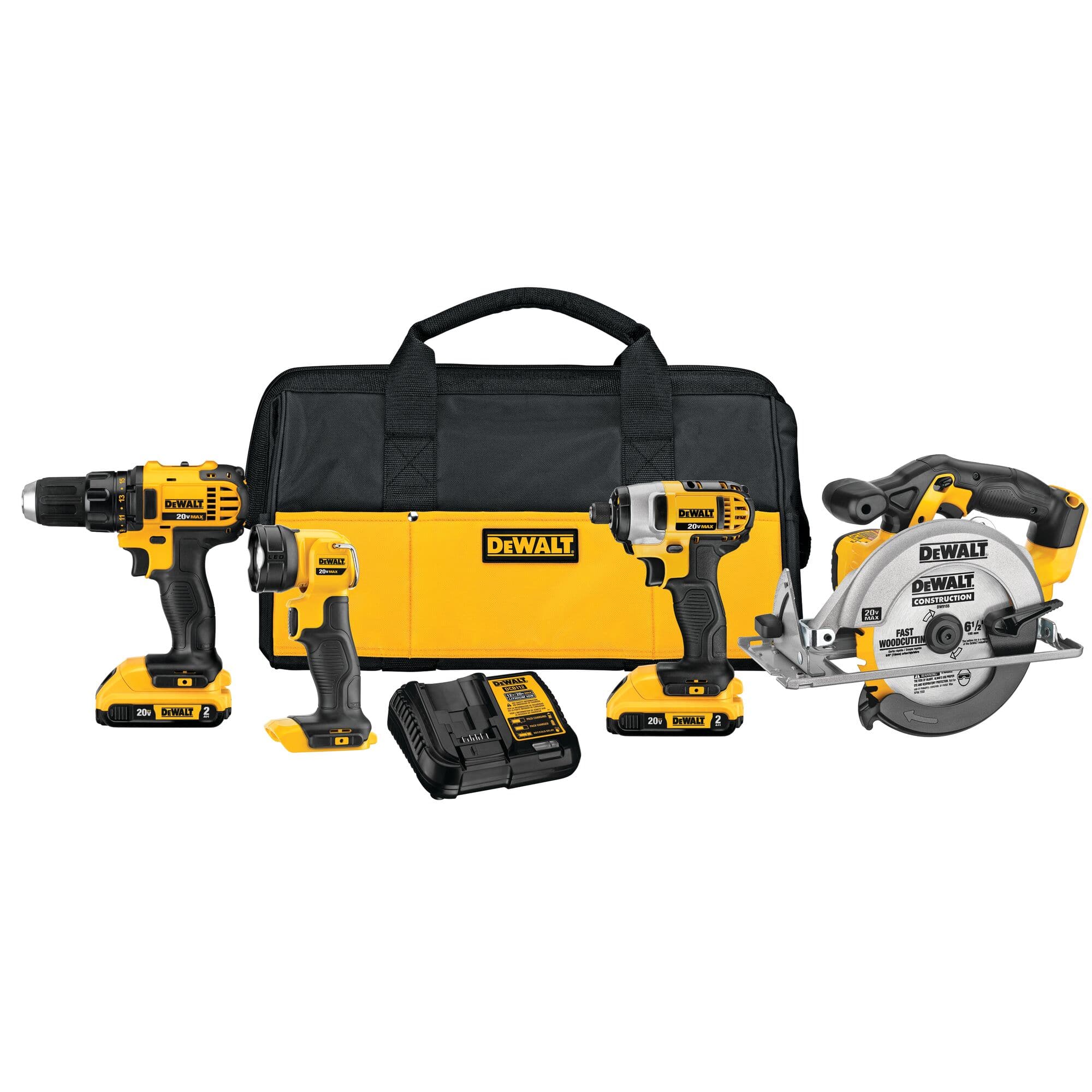 All components of the DEWALT 4-tool combo kit are displayed, including the drill, impact driver, circular saw, LED work light, charger, and contractor bag.