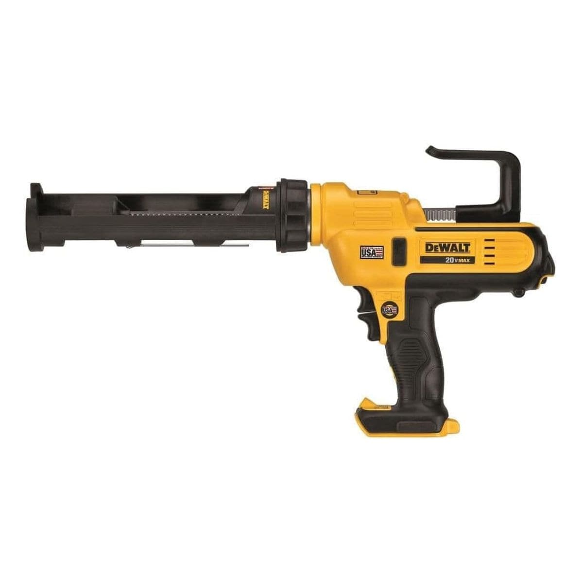 DeWalt 20V MAX cordless caulking gun with yellow and black body, trigger mechanism, cartridge holder, and plunger rod for adhesive dispensing.