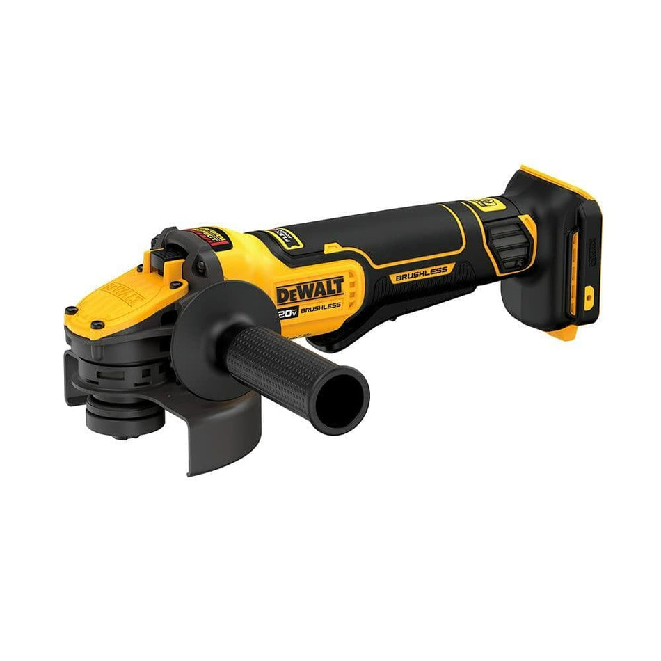 A three-quarter view of the DEWALT 20V MAX Brushless cordless angle grinder