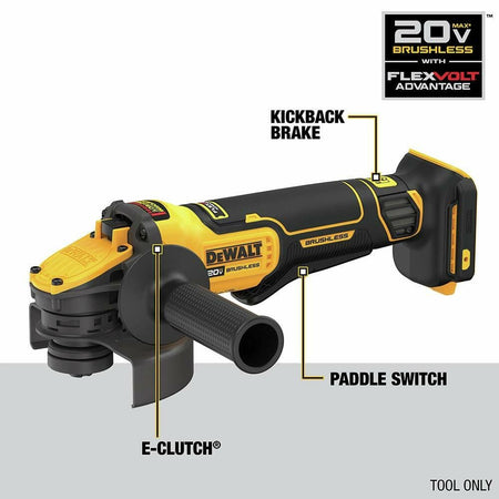 A feature diagram of the DEWALT 20V MAX Angle Grinder with FLEXVOLT ADVANTAGE. Callouts point to the following features: Kickback Brake, Paddle Switch, and E-Clutch. The image is marked 'Tool Only'