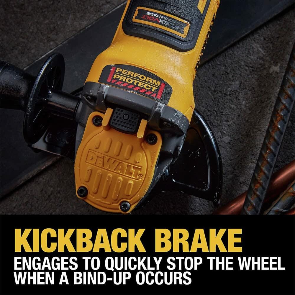 A close-up of the DEWALT angle grinder cutting rebar, highlighting a safety feature. Text reads: "KICKBACK BRAKE. Engages to quickly stop the wheel when a bind-up occurs."