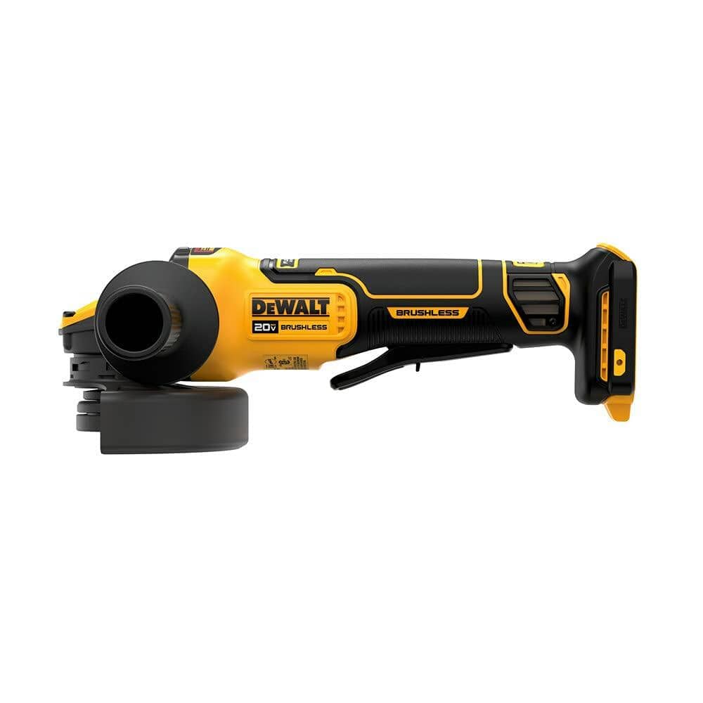 A left-side profile view of the DEWALT 20V MAX Cordless Angle Grinder with its paddle switch visible.