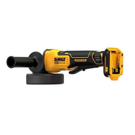 A top-down view of the DEWALT 20V MAX Cordless Angle Grinder, showing the side handle and the empty battery slot at the rear.