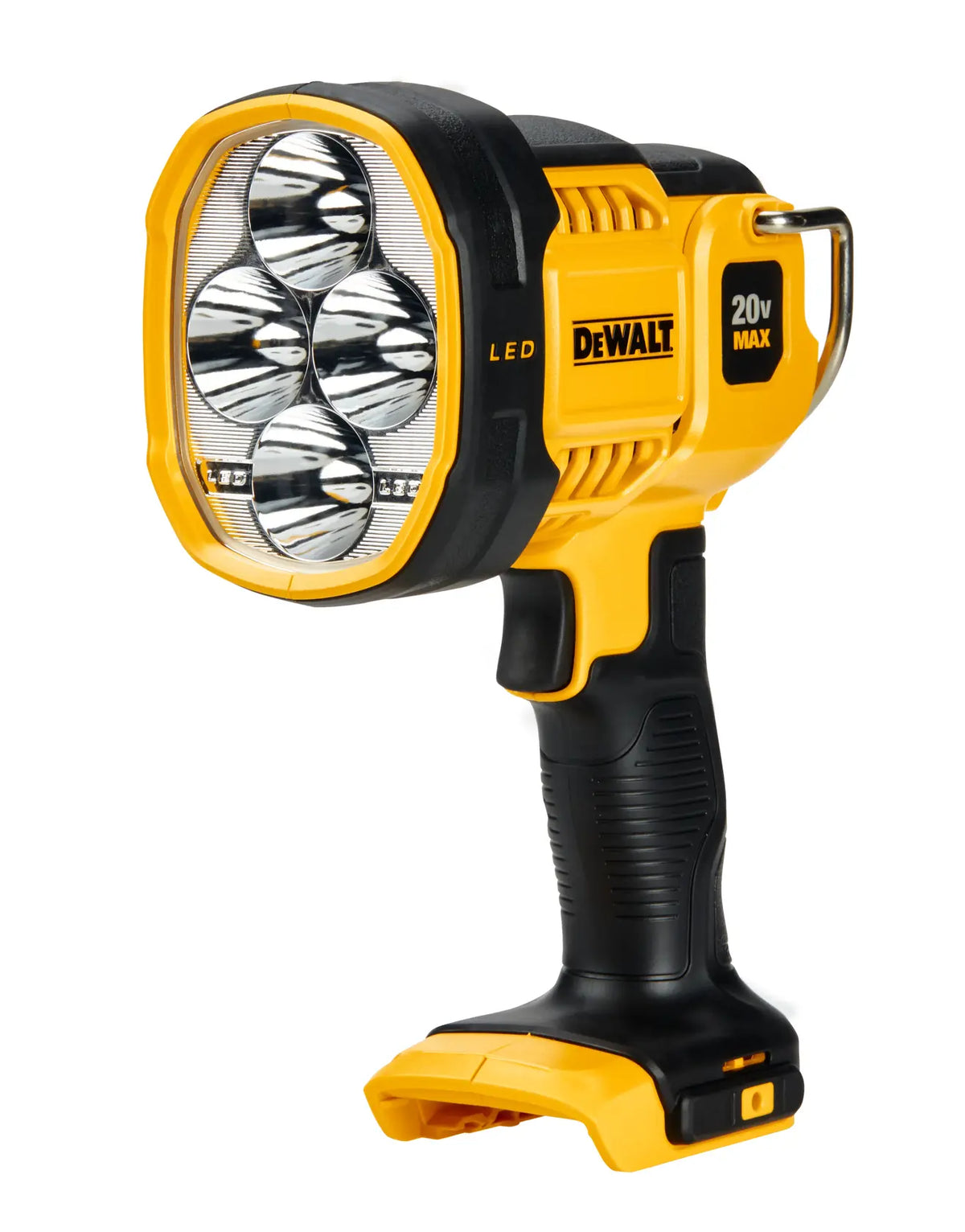 A studio view of the DEWALT DCL043 20V MAX cordless LED spotlight. The image showcases the four-LED light head with high-intensity reflectors and the ergonomic black and yellow handle, highlighting the tool's compact and rugged design for professional use.