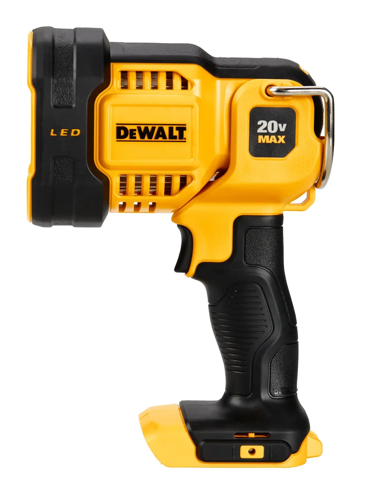 A side profile shot of the DEWALT LED jobsite spotlight. This view emphasizes the tool's balanced base and the integrated hanging hook on the top, designed for easy storage or hands-free placement on a workspace.