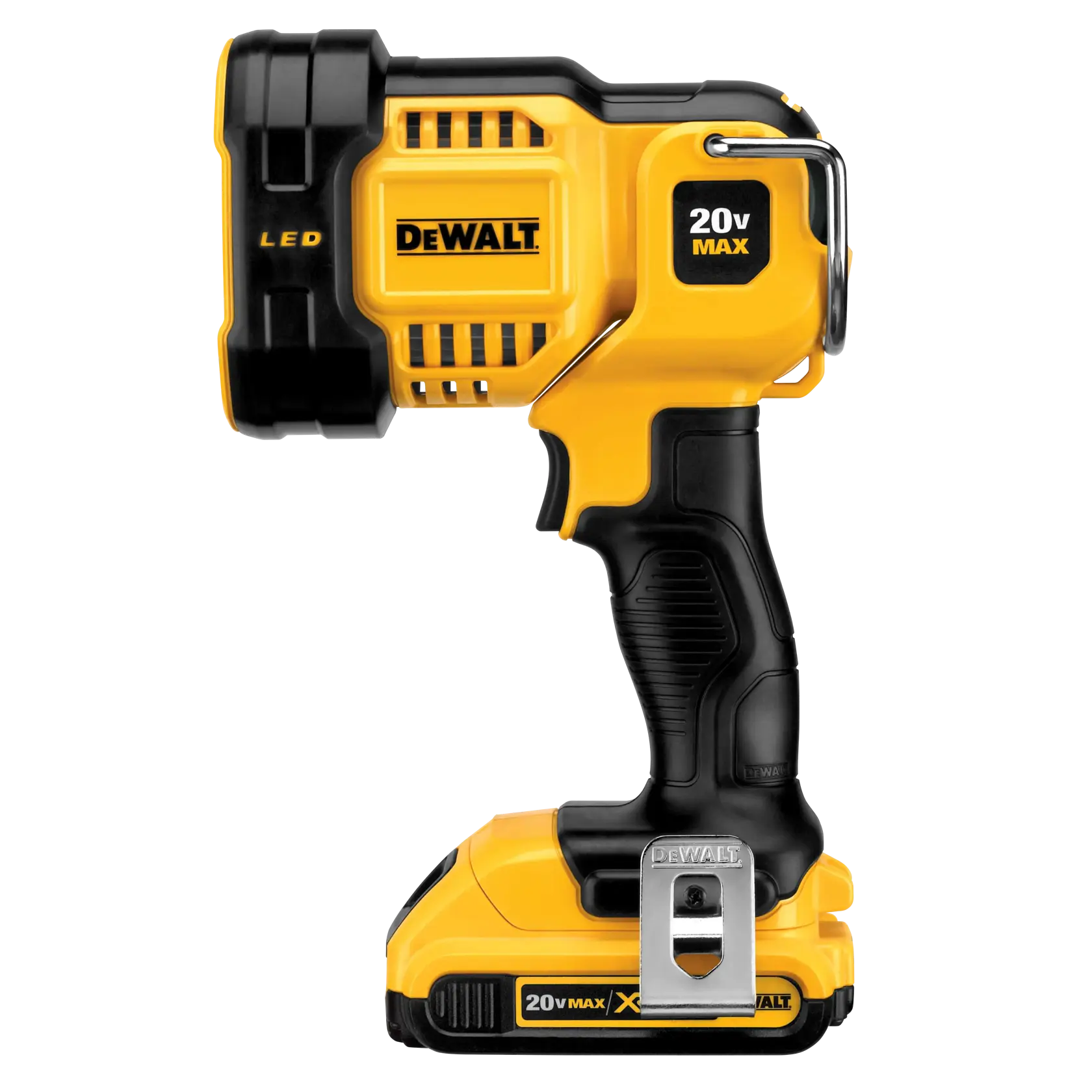 A studio shot of the DEWALT spotlight with a 20V MAX battery attached. The image highlights the integrated belt hook on the side of the tool, showing how the light can be easily carried on a tool belt for rapid access during a shift.