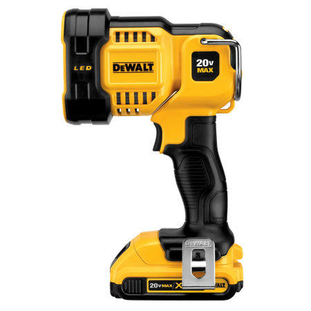 A studio shot of the DEWALT spotlight with a 20V MAX battery attached. The image highlights the integrated belt hook on the side of the tool, showing how the light can be easily carried on a tool belt for rapid access during a shift.