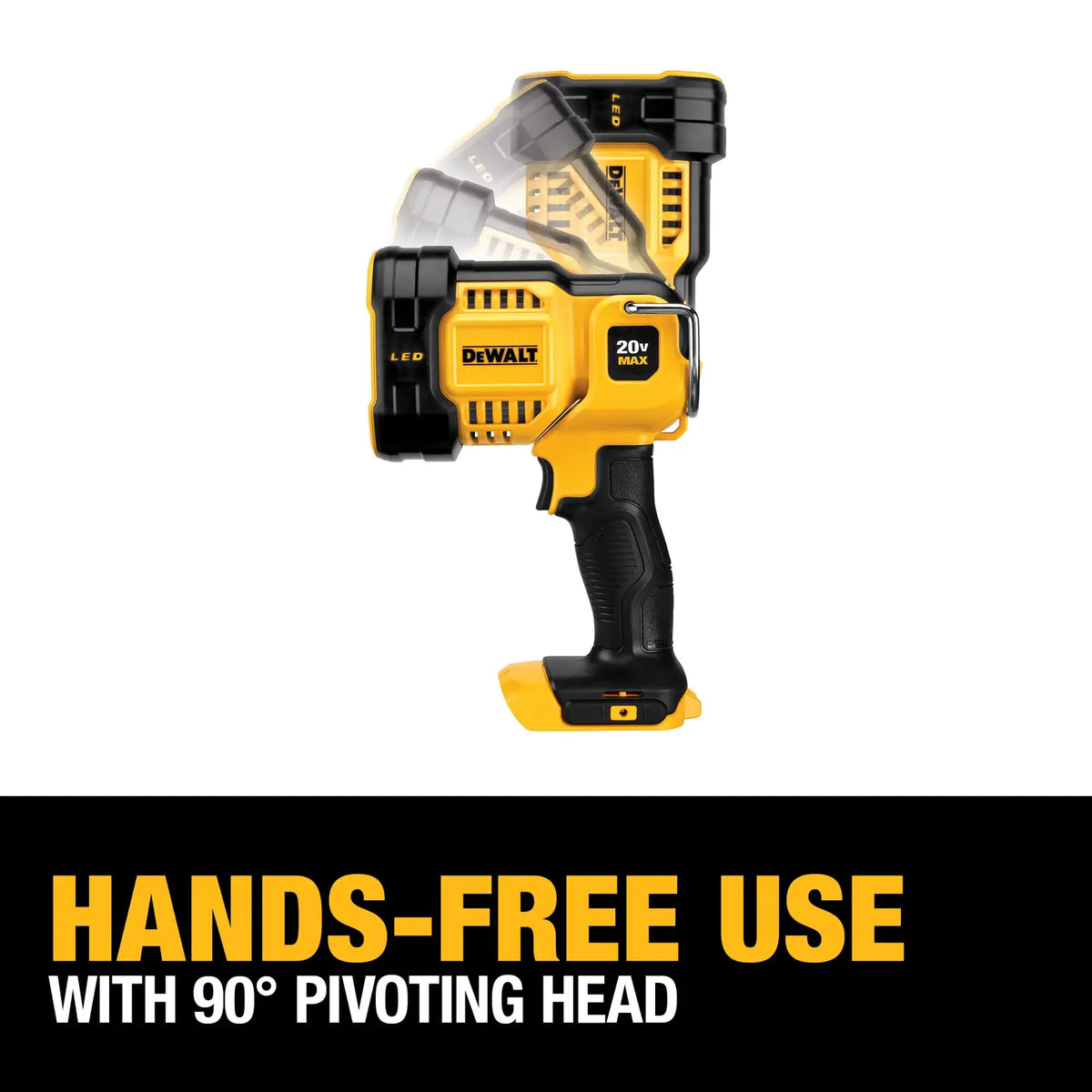 A marketing graphic demonstrating the movement of the pivoting light head. A motion blur effect shows the head adjusting from 0 to 90 degrees, with a text overlay stating Hands-Free Use with 90 Degree Pivoting Head.