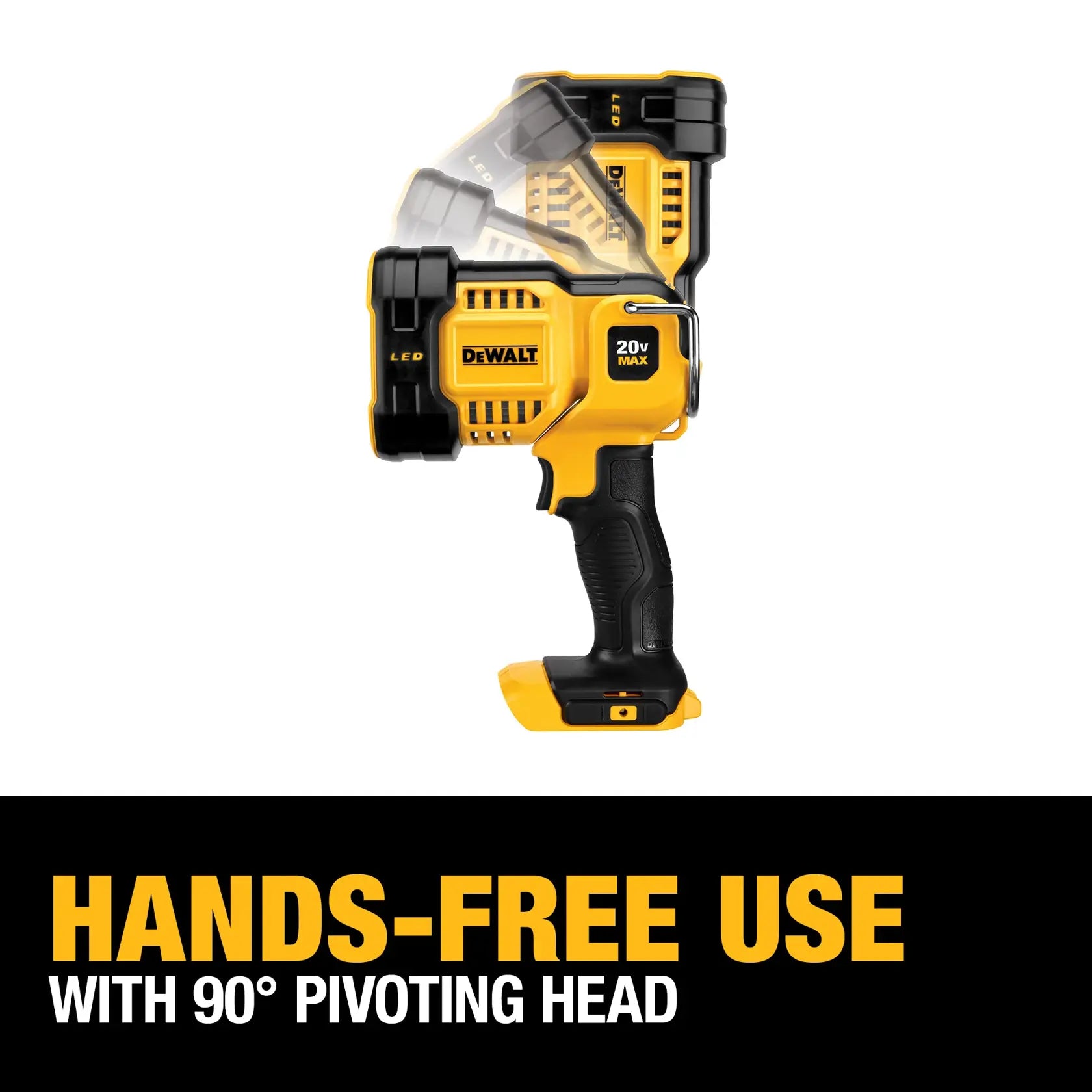 A marketing graphic demonstrating the movement of the pivoting light head. A motion blur effect shows the head adjusting from 0 to 90 degrees, with a text overlay stating Hands-Free Use with 90 Degree Pivoting Head.
