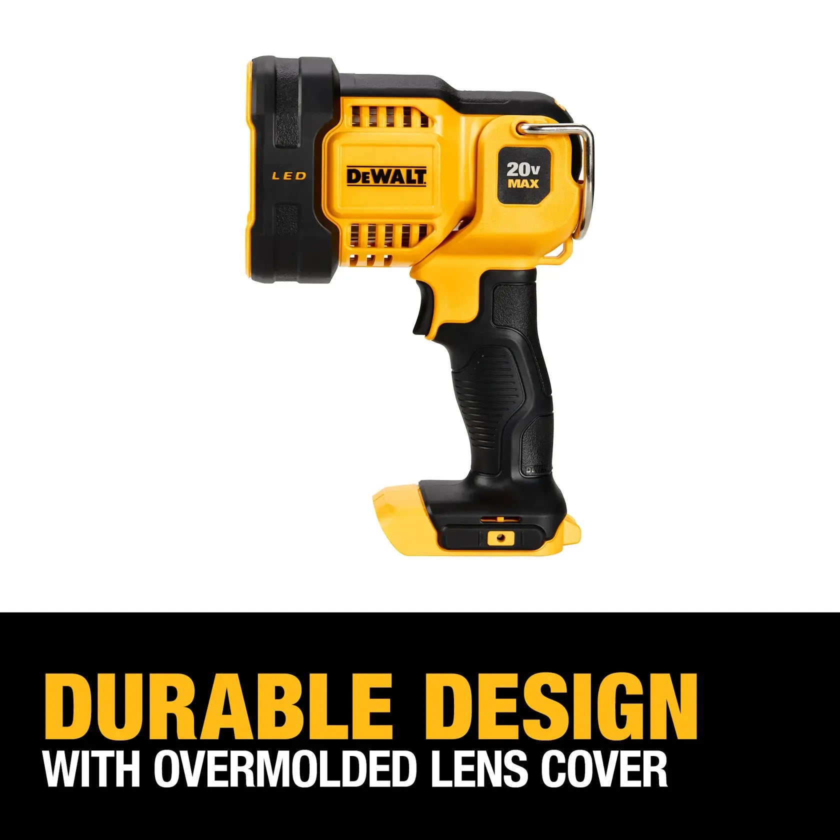 A detailed product view focusing on the front of the work light. A text overlay highlights the Durable Design with Overmolded Lens Cover, which protects the four high-performance LEDs from impact and jobsite debris.