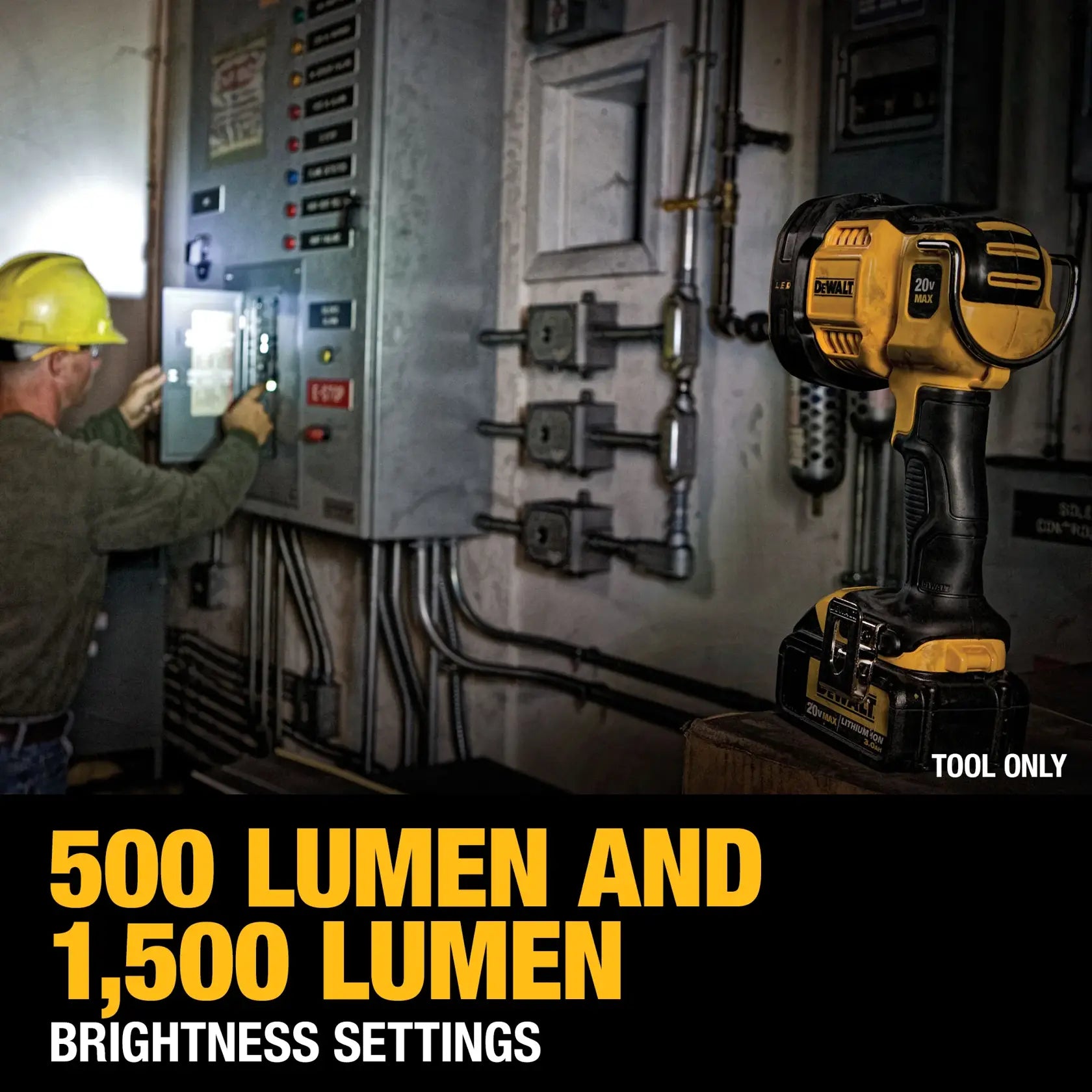 A lifestyle shot showing the DEWALT spotlight standing on its base to illuminate an electrical panel. A technician is seen working in the background, with a text overlay confirming the 500 lumen and 1,500 lumen brightness settings.