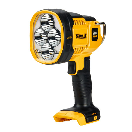 A front perspective view of the cordless LED spotlight. The image provides a clear look at the internal reflector array and the four bright LEDs that deliver a powerful beam distance of up to 1,525 feet for outdoor and utility work.