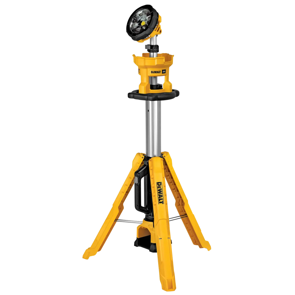 A studio view of the DEWALT DCL079B 20V MAX cordless tripod light. The image shows the portable work light on its yellow telescoping stand with the pivoting LED head tilted upward, highlighting the rugged construction and compact base design.