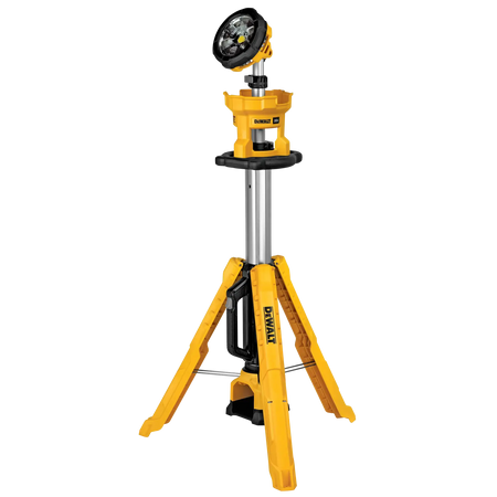 A studio view of the DEWALT DCL079B 20V MAX cordless tripod light. The image shows the portable work light on its yellow telescoping stand with the pivoting LED head tilted upward, highlighting the rugged construction and compact base design.