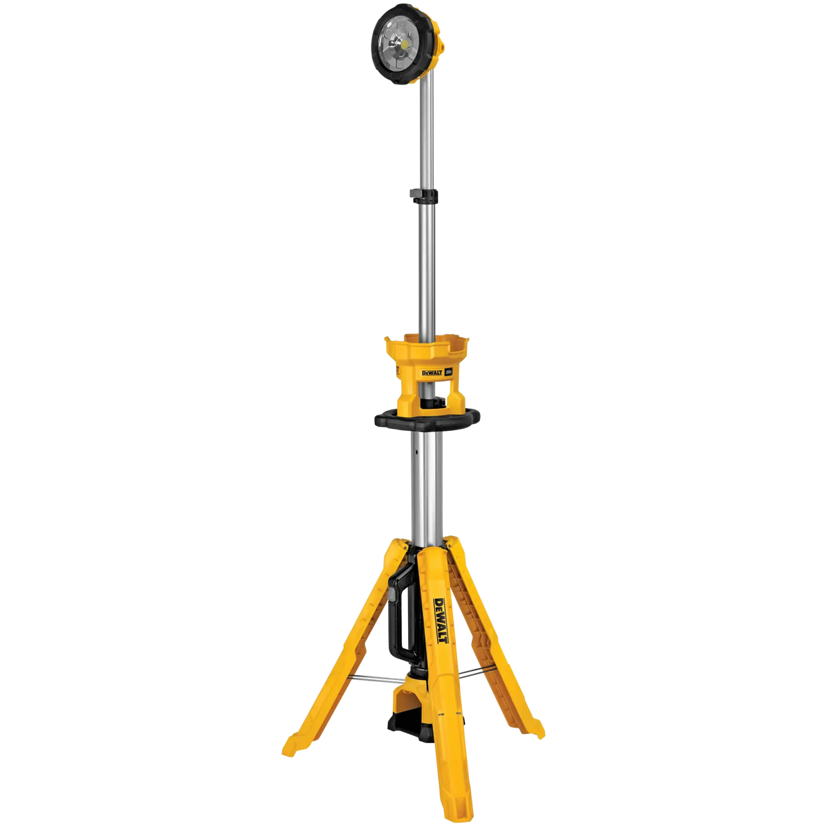 A front view of the DEWALT telescoping LED tripod light fully extended. The light features a height-adjustable silver pole that reaches up to 7 feet, providing overhead illumination to eliminate shadows on the jobsite while remaining stable on three yellow reinforced legs.