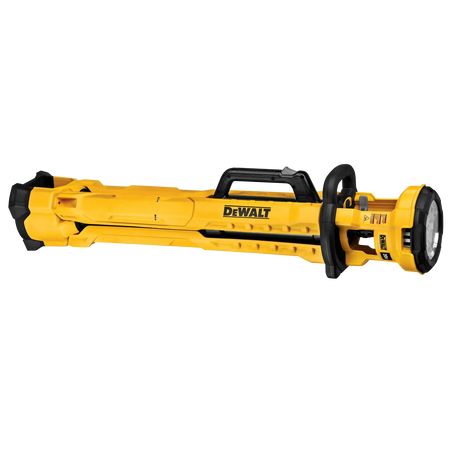 A studio shot of the DEWALT DCL079B work light in its collapsed transport position. The image demonstrates the portability of the unit, showing the folded legs and the integrated carry handle for easy movement between workspaces.