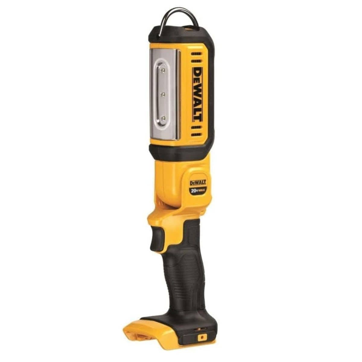 DEWALT 20V MAX LED handheld work light with ergonomic grip, hanging hook, and rectangular LED panel, designed for portable lighting in work environments.