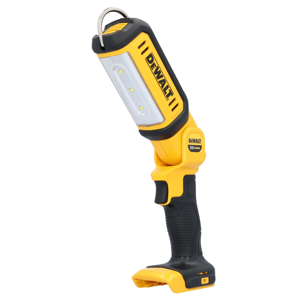DEWALT 20V MAX cordless LED work light DCL050 shown from an angled perspective, featuring a pivoting head with three high-efficiency LED bulbs. The ergonomic black and yellow handle includes a trigger switch, integrated hanging hook, and a stable base for hands-free jobsite lighting.