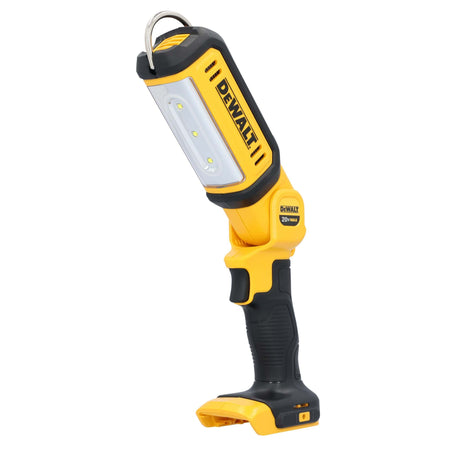 DEWALT 20V MAX cordless LED work light DCL050 shown from an angled perspective, featuring a pivoting head with three high-efficiency LED bulbs. The ergonomic black and yellow handle includes a trigger switch, integrated hanging hook, and a stable base for hands-free jobsite lighting.