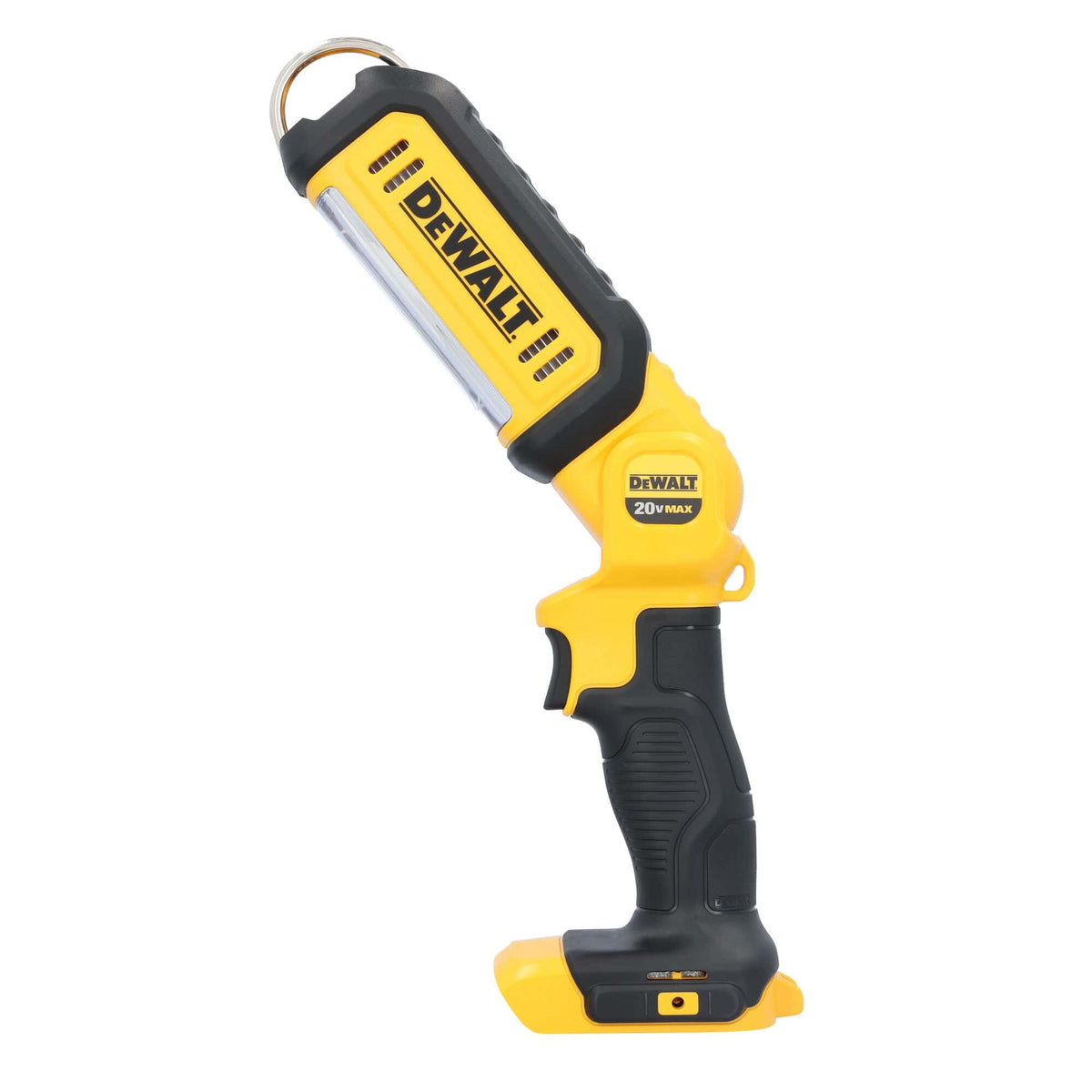 Side profile of the DEWALT DCL050 20V MAX rechargeable LED flashlight highlighting the multi-position pivoting head for adjustable beam direction. This bare tool work light is designed for professional jobsite visibility with a durable housing and built-in belt or rafter hook.
