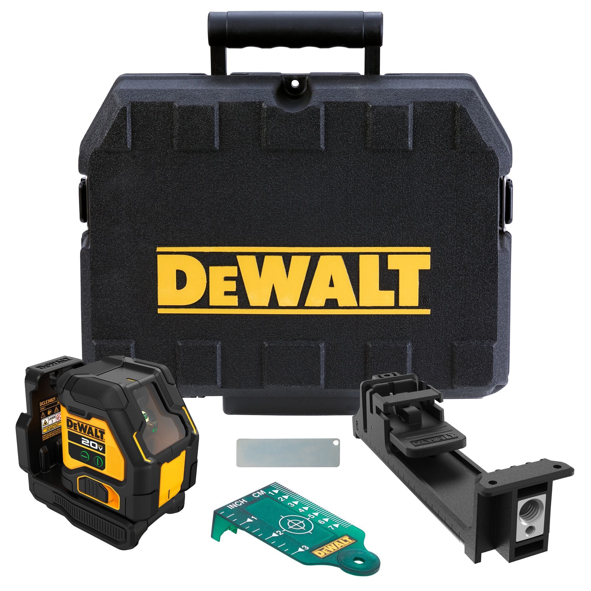 DEWALT DCLE34021B 20V MAX Green Cross Line Laser Bare Tool Kit, showing the compact laser level, a durable black storage case, an integrated pivoting bracket, and essential accessories for precise jobsite alignment and leveling.
