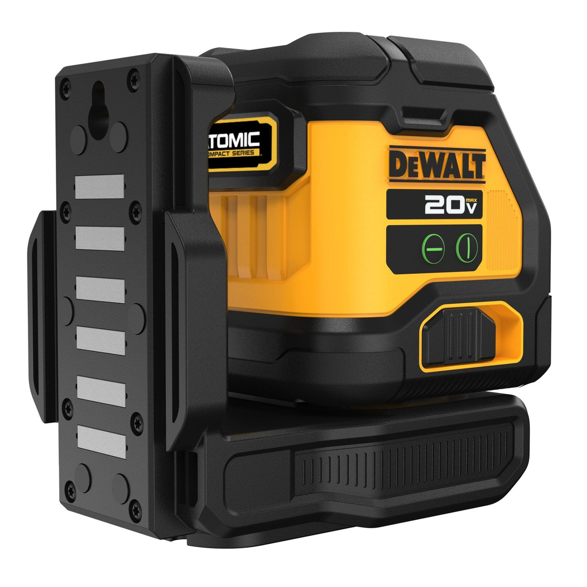 Rear view of the DEWALT DCLE34021B 20V MAX Green Cross Line Laser Bare Tool, displaying the powerful integrated magnetic bracket for secure attachment to steel studs and tracks on the jobsite.