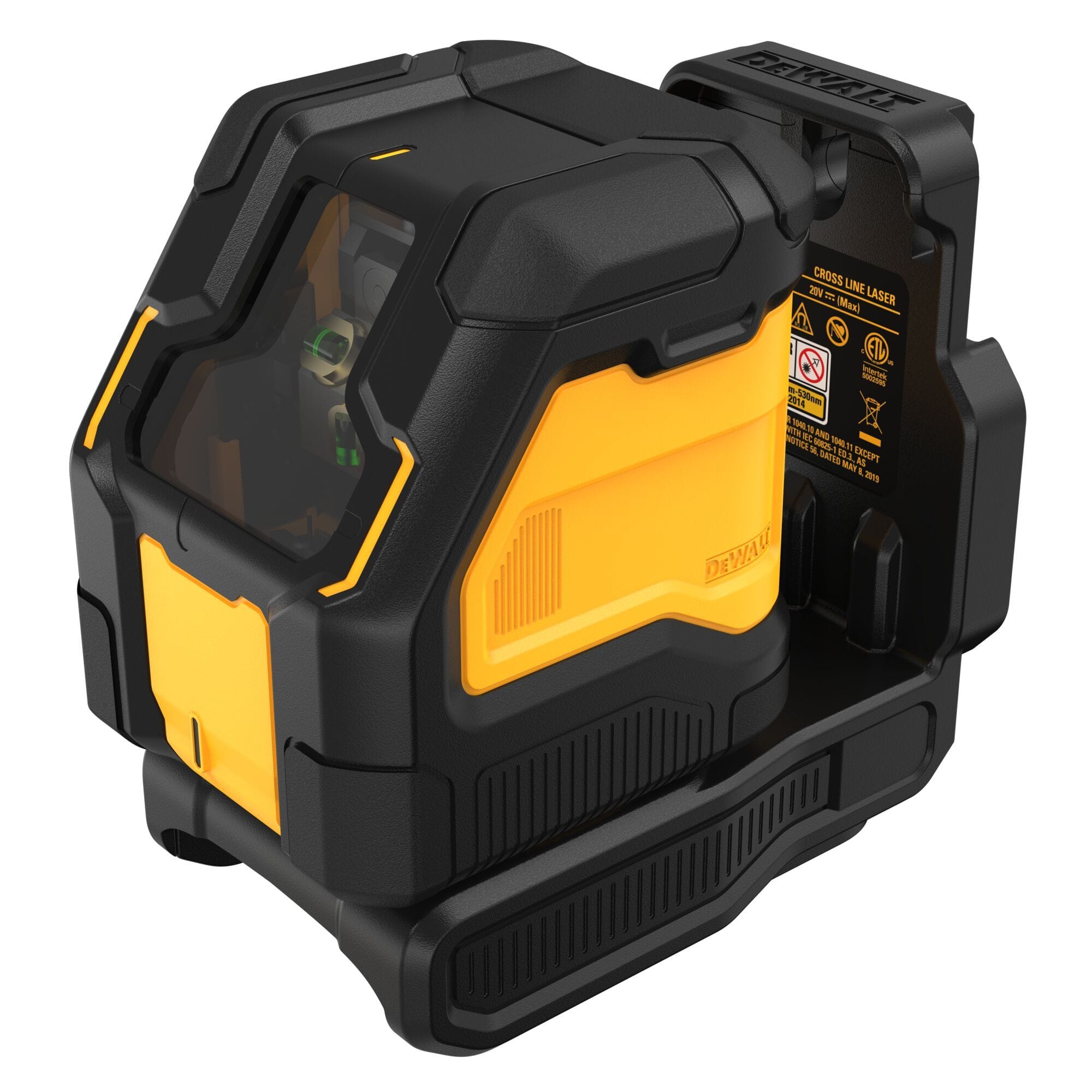 Angle shot of the durable DEWALT DCLE34021B 20V MAX Green Cross Line Laser Bare Tool, showcasing its robust build and powerful green beam capability for professional-grade accuracy in complex layouts.