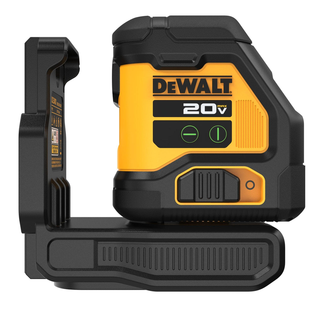 Side view of the DEWALT 20V MAX Green Cross Line Laser DCLE34021B Bare Tool with its integrated pivoting magnetic bracket, highlighting the rugged black and yellow casing and easy-to-use control interface for construction professional.