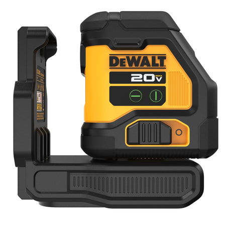Side view of the DEWALT 20V MAX Green Cross Line Laser DCLE34021B Bare Tool with its integrated pivoting magnetic bracket, highlighting the rugged black and yellow casing and easy-to-use control interface for construction professional.