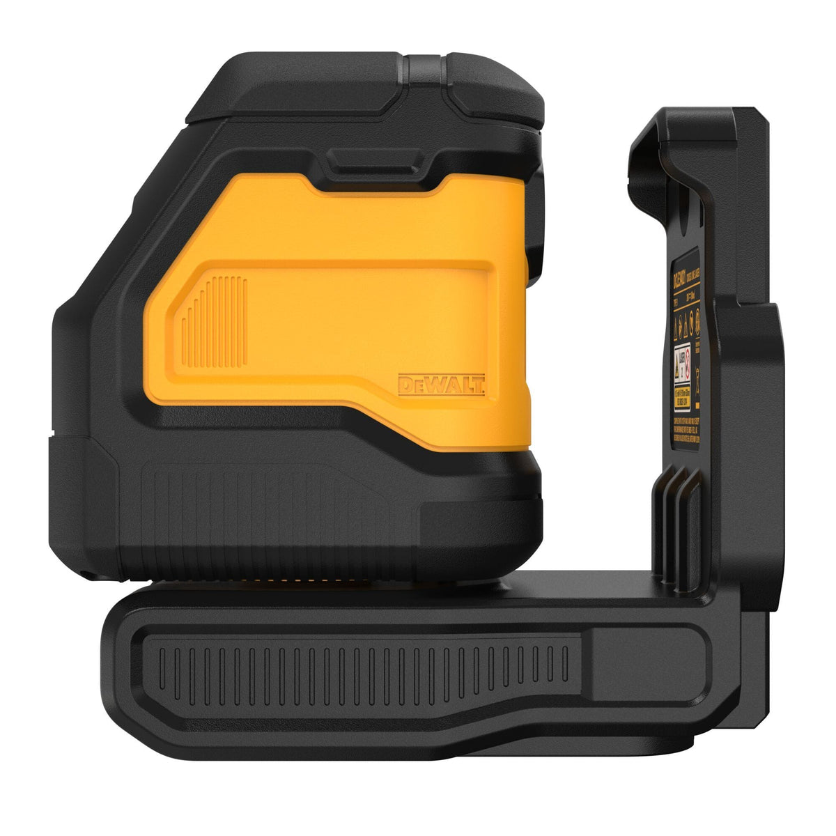 Side perspective of the DEWALT 20V MAX DCLE34021B Green Cross Line Laser Bare Tool, emphasizing its durable design and the integrated magnetic L-bracket for versatile mounting on metallic surfaces.