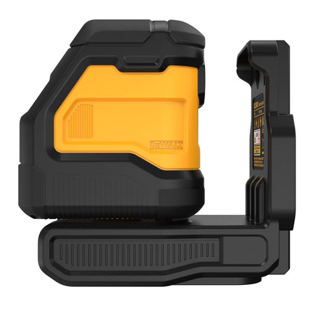 Side perspective of the DEWALT 20V MAX DCLE34021B Green Cross Line Laser Bare Tool, emphasizing its durable design and the integrated magnetic L-bracket for versatile mounting on metallic surfaces.