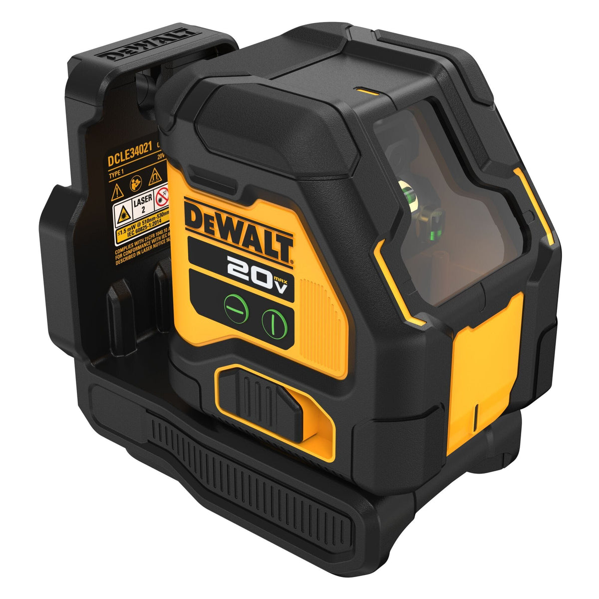 Angle shot focusing on the DEWALT DCLE34021B 20V MAX Green Cross Line Laser Bare Tool, illustrating its compact size, rugged exterior, and the powerful green laser diode for enhanced accuracy and 180-foot visible range.