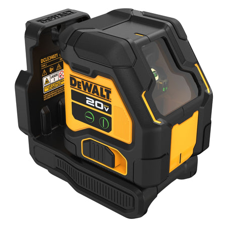 Angle shot focusing on the DEWALT DCLE34021B 20V MAX Green Cross Line Laser Bare Tool, illustrating its compact size, rugged exterior, and the powerful green laser diode for enhanced accuracy and 180-foot visible range.