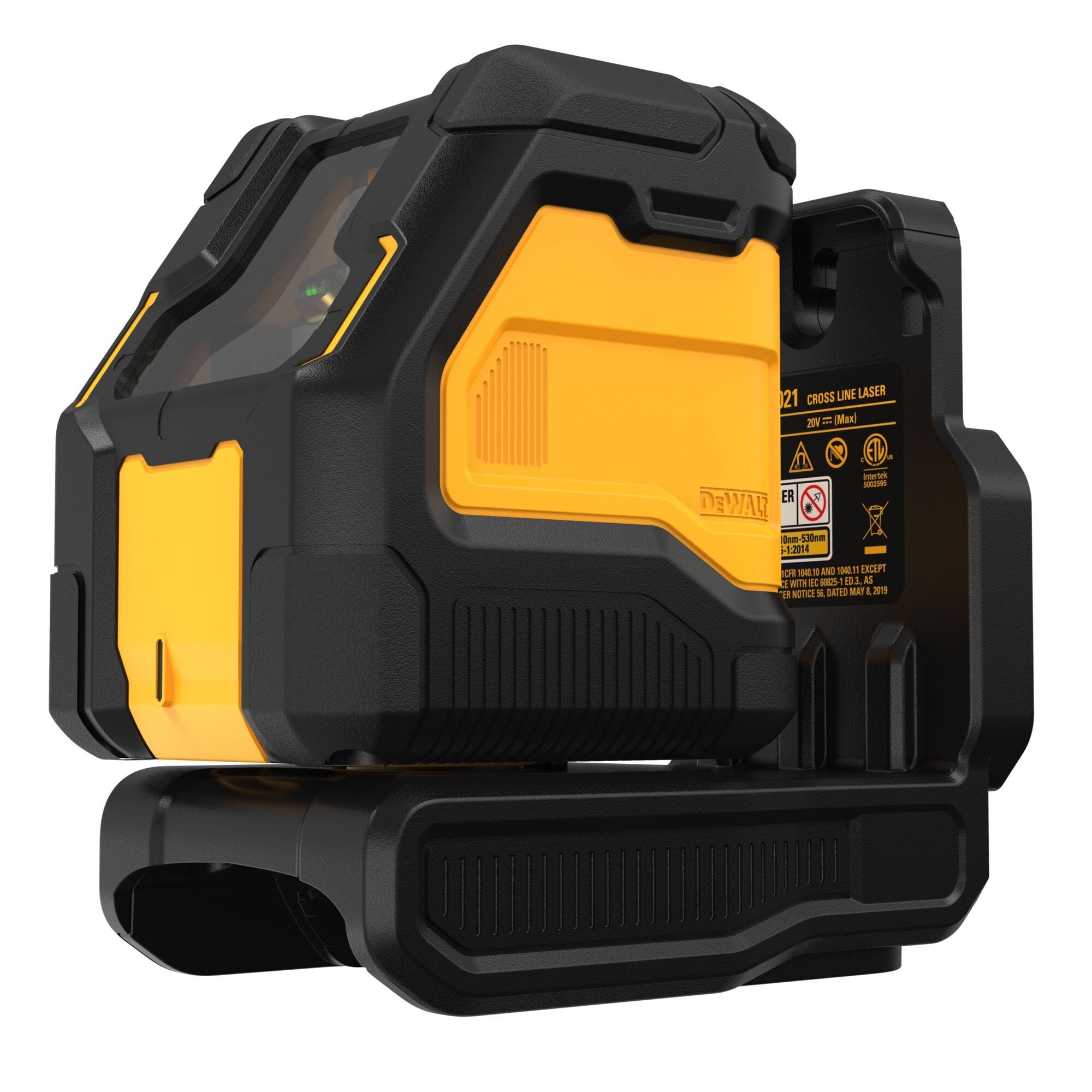 Side perspective of the DEWALT 20V MAX DCLE34021B Green Cross Line Laser Bare Tool, emphasizing its durable design and the integrated magnetic L-bracket for versatile mounting on metallic surfaces.