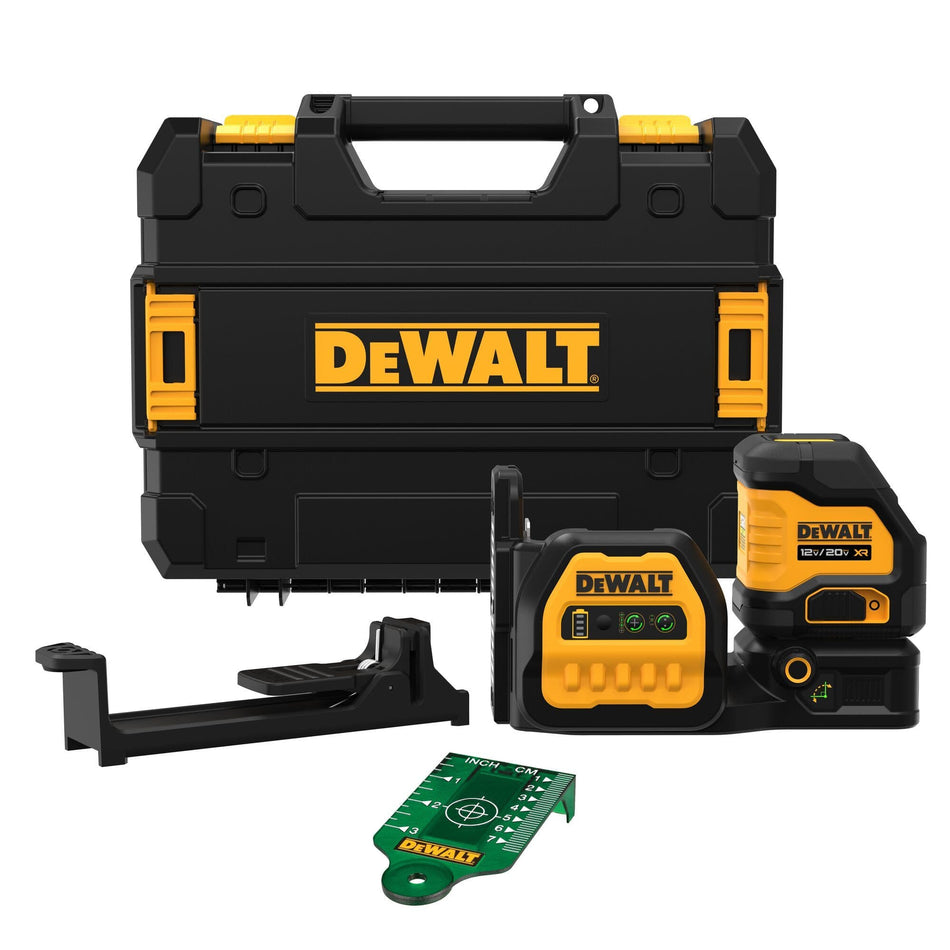 A complete kit view of the DEWALT 20V MAX Green Cross Line Laser including the self-leveling laser level, a heavy-duty TSTAK carrying case, a green laser target card, and an L-shaped ceiling/wall mounting bracket.