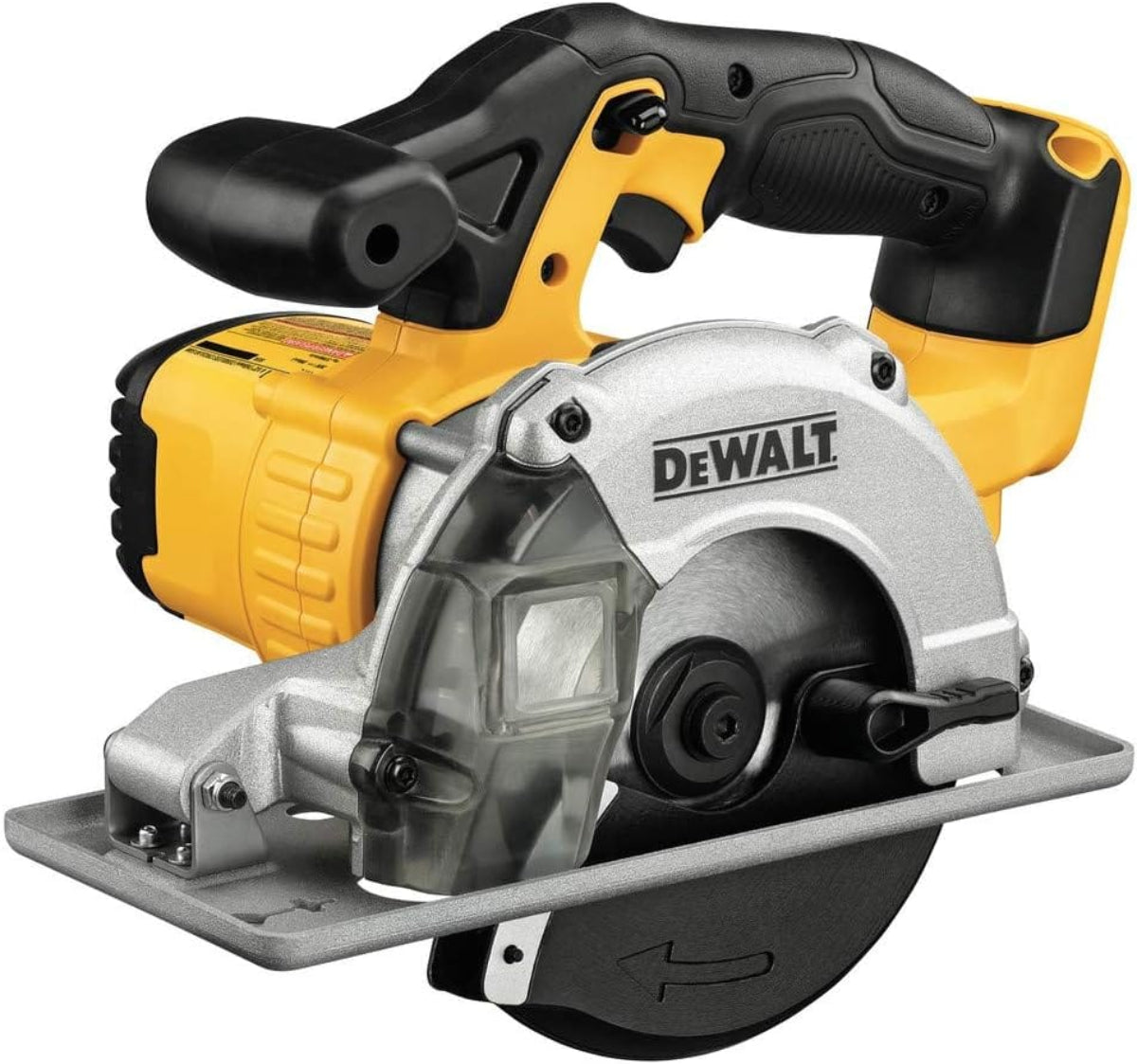 The image shows a yellow and black Dewalt metal-cutting circular saw with a silver blade partially visible beneath a clear guard. The saw has a black ergonomic handle on top and a flat, silver base plate.