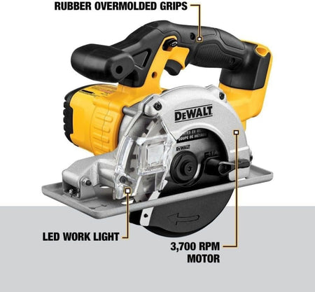 Labeled DEWALT circular saw showing rubber overmolded grips, LED work light, and 3,700 RPM motor, emphasizing ergonomic and performance features.