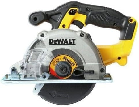 Close-up of DEWALT circular saw with visible blade and base plate, highlighting design features and cutting capability.