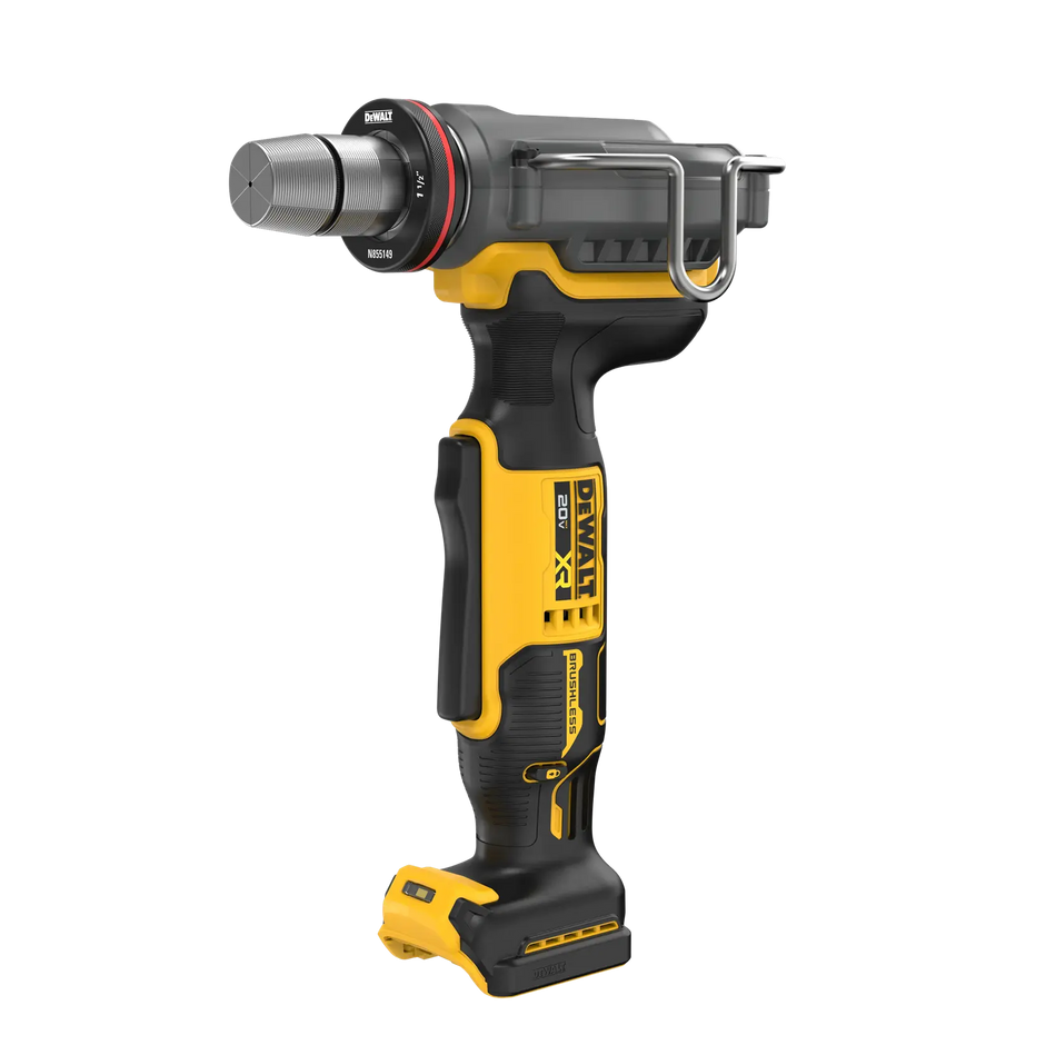 A side profile studio view of the DEWALT 20V MAX XR brushless 1-1/2 inch PEX expander. The image highlights the right-angle tool design, the auto-rotating expansion head, the ergonomic yellow and black handle with variable speed trigger, and the integrated side-mounted metal hang hook.