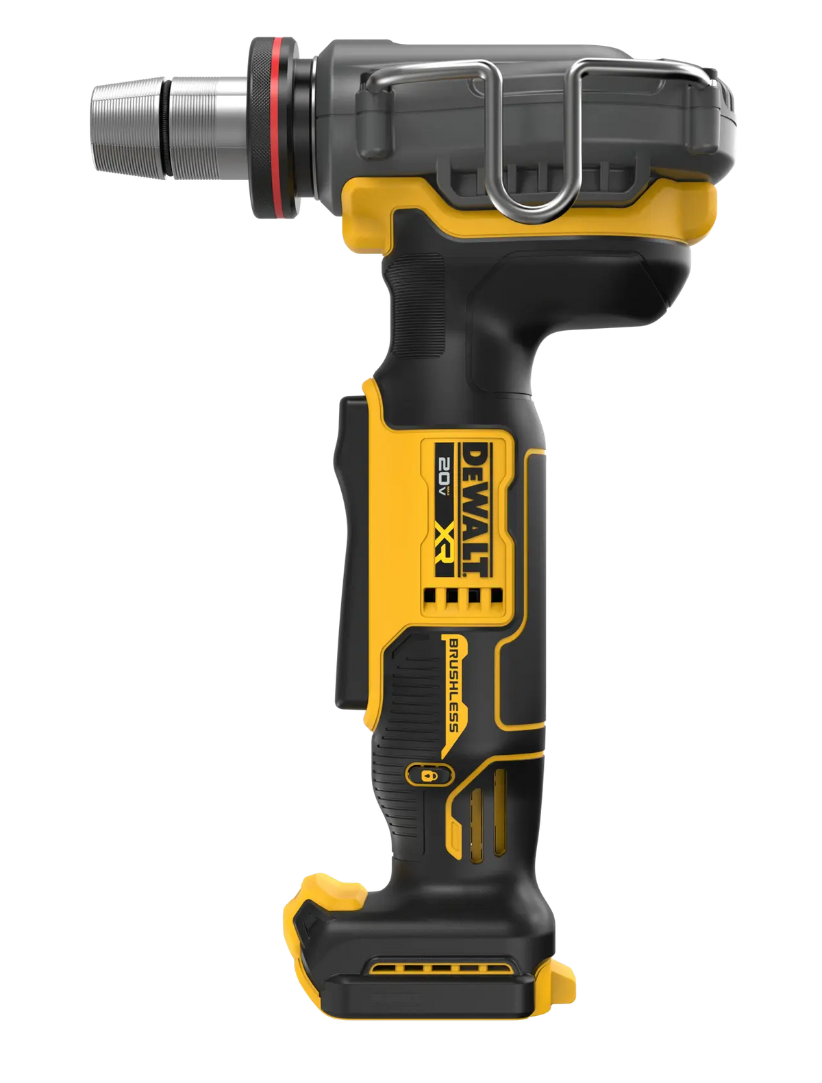 A side studio shot of the DEWALT DCE410B cordless PEX expander tool. This angle emphasizes the slim, long body design engineered for easy activation and superior maneuverability when expanding large diameter ASTM F1960 PEX tubing in tight plumbing enclosures.