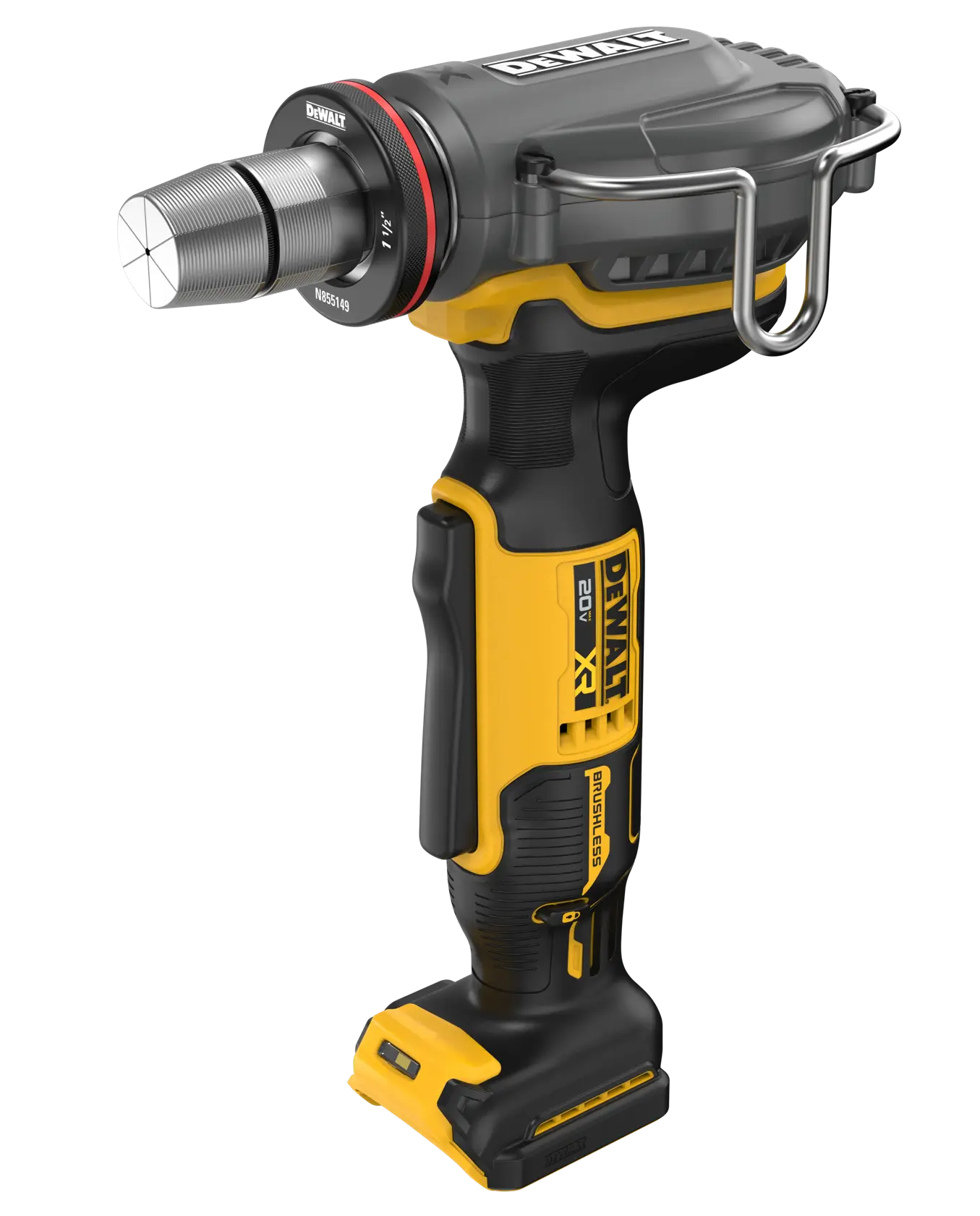 A perspective studio view of the DEWALT brushless 1-1/2 inch PEX expander. The shot highlights the rugged motor housing, the precision-engineered expansion cone, and the professional-grade construction of the 20V MAX XR platform designed for commercial plumbing installations.
