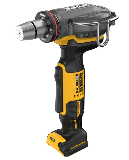 A perspective studio view of the DEWALT brushless 1-1/2 inch PEX expander. The shot highlights the rugged motor housing, the precision-engineered expansion cone, and the professional-grade construction of the 20V MAX XR platform designed for commercial plumbing installations.