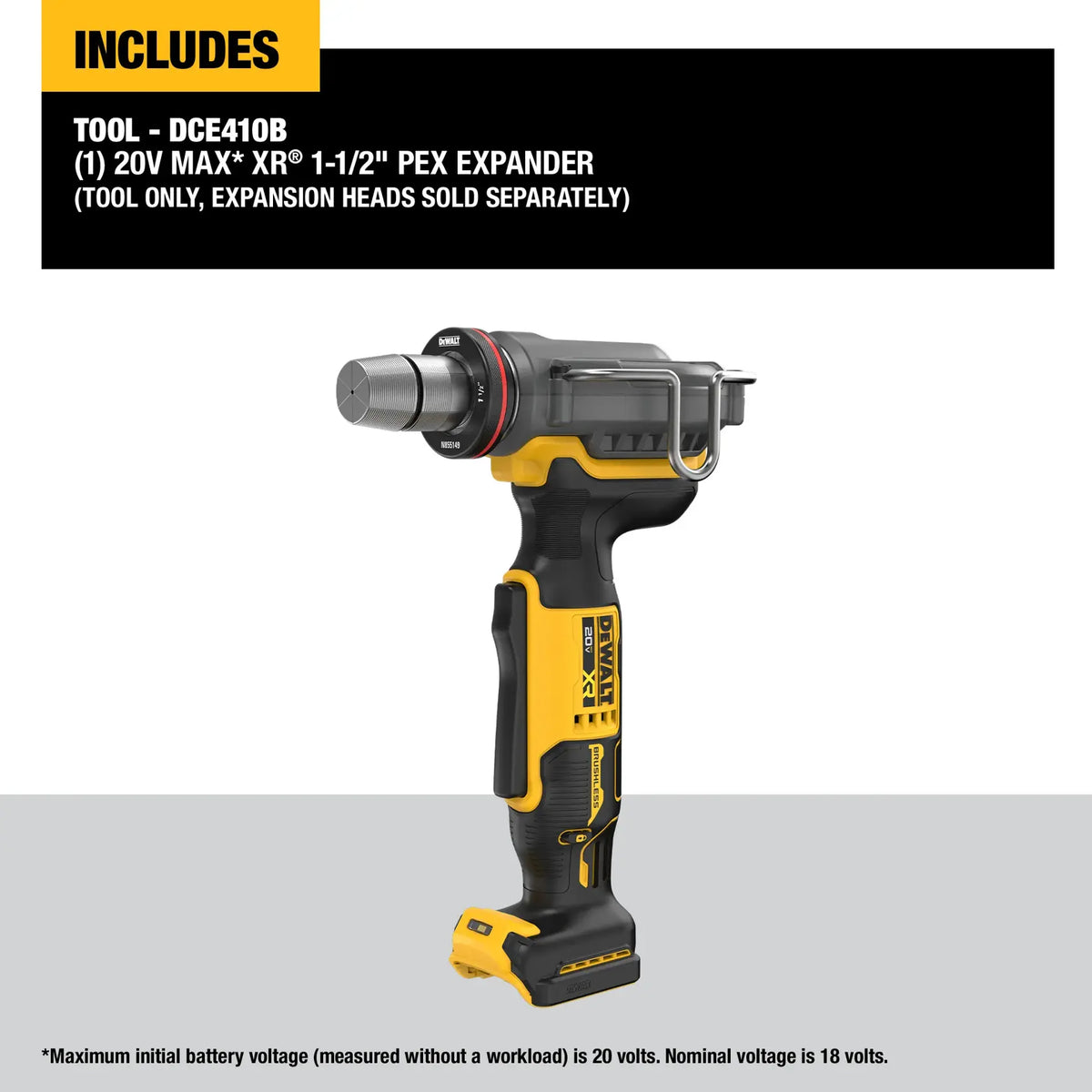 A marketing graphic displaying the DEWALT DCE410B bare tool. The text at the top clearly identifies the tool as the (1) 20V MAX XR 1-1/2 inch PEX expander and clarifies that expansion heads, batteries, and chargers are sold separately.
