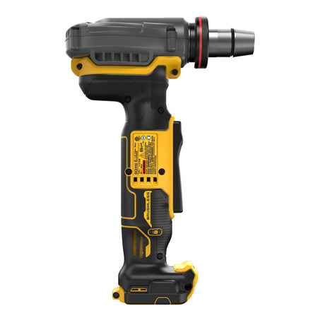 A studio view of the side of the DEWALT cordless PEX expander. This angle showcases the detailed product labeling, the industrial-grade cooling vents for the brushless motor, and the secondary lower grip location for optimized control during overhead expansions.